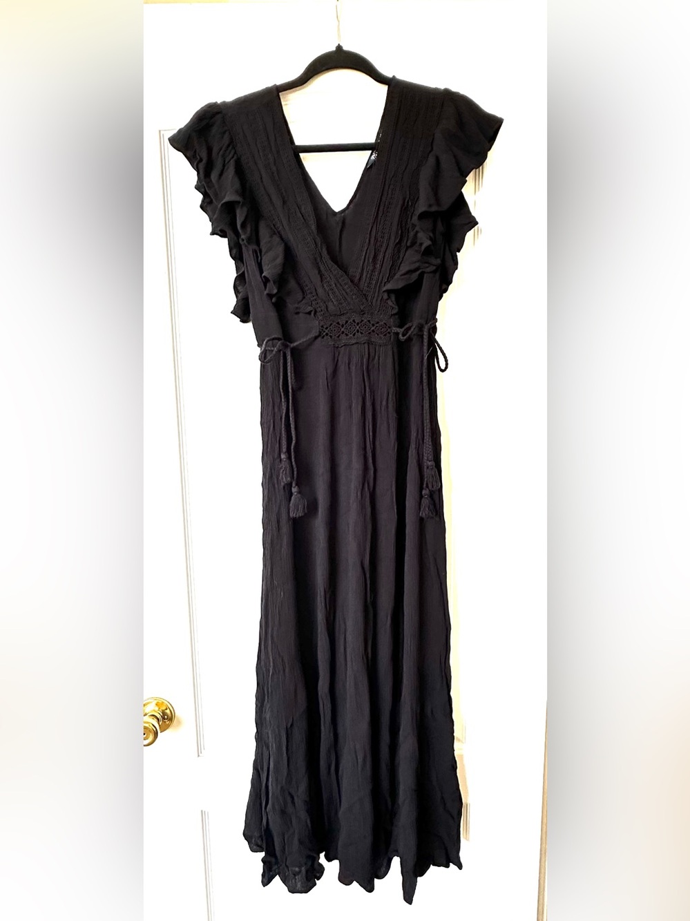 Zara Black Muslin V-Neck Maxi Dress with Crochet Waist